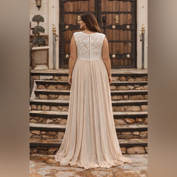 Morilee By Madeline Gardner Evening Gown Formal Lace Chiffon Beige Dress 20 - Picture 10 of 11